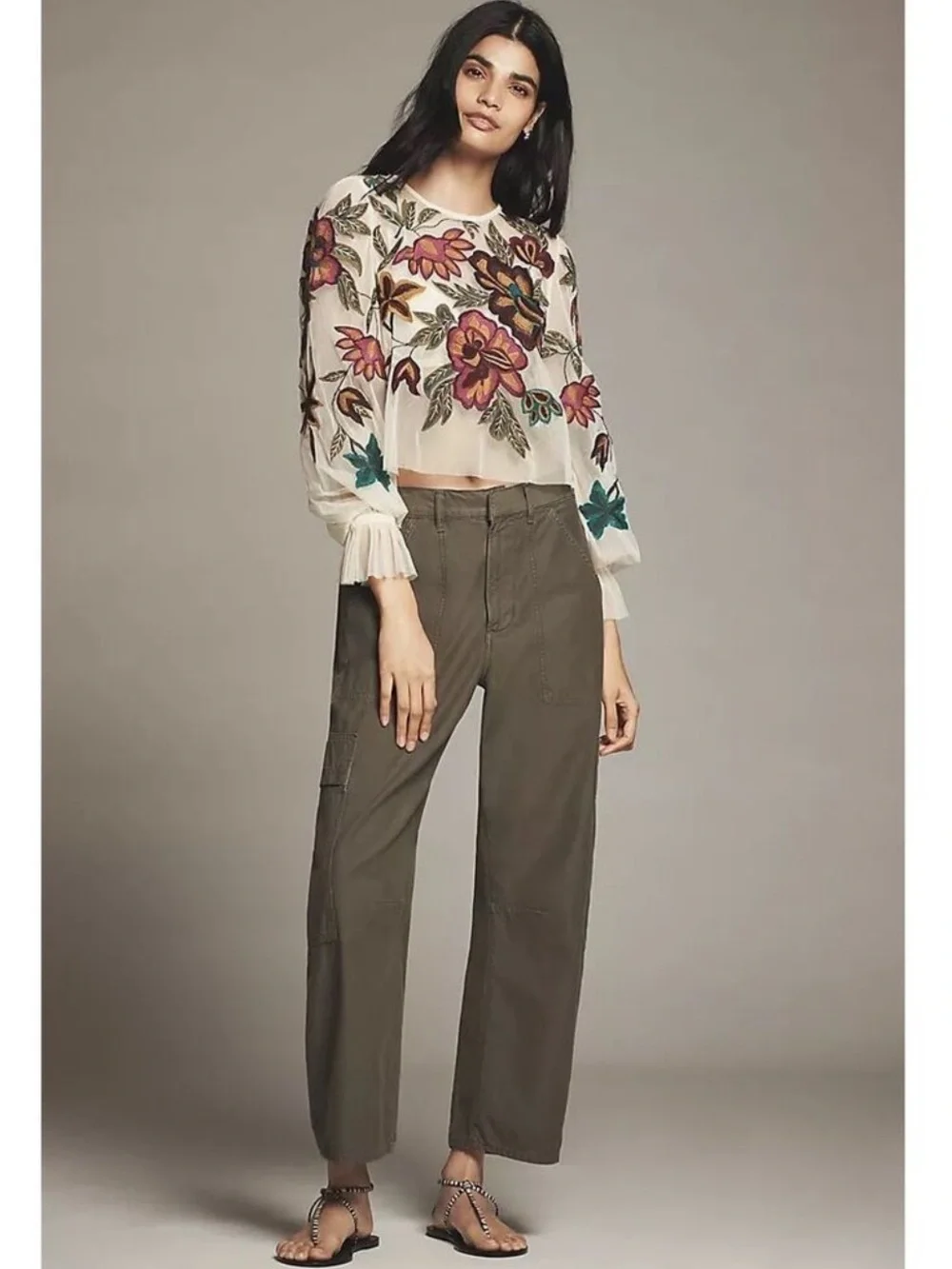Anthropologie The Layla Floral Mesh Puff-Sleeve Appliqué Mesh Blouse Size XL